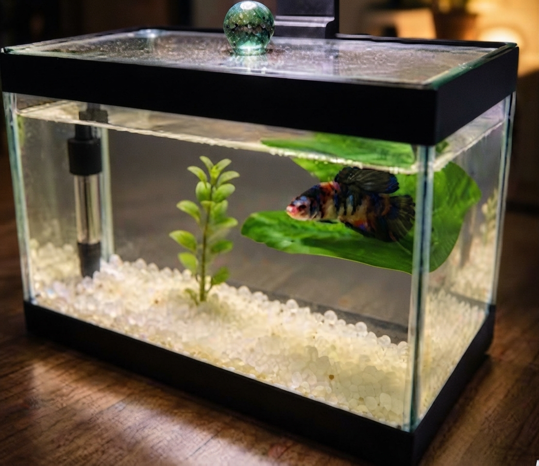 Aquário plantado do cliente — betta saudável com plantas e água cristalina